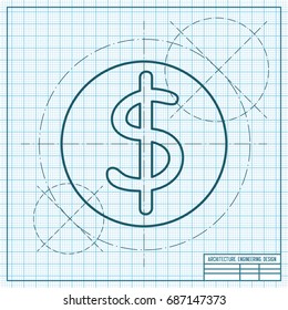 Vector blueprint dollar icon on engineer and architect background 