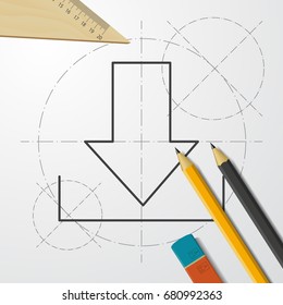 Vector blueprint download icon on engineer and architect background. Business collection 