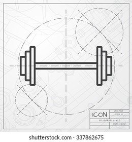 Vector blueprint of dumbbell icon on engineer or architect background 