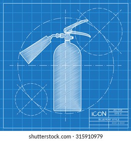 Vector blueprint fire extinguisher icon on engineer or architect background.  