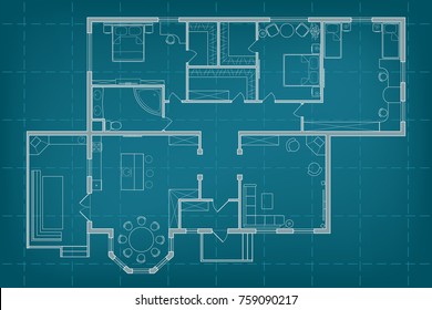 Vector blueprint floor plan the house on background of millimeter paper. Professional architectural illustration sketch home with kitchen, sleeping rooms, children's room, bathroom, barbecue terrace.