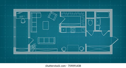 Vector blueprint floor plan of a long studio apartment.  Professional house layout and furniture on background of millimeter paper. Architectural illustration of a one-room apartment in sketch drawing