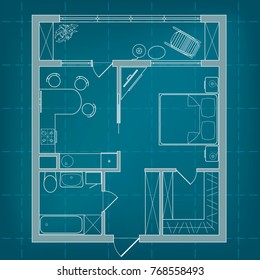 Vector blueprint floor plan of a studio apartment. Professional house layout and furniture on background of millimeter paper. Architectural illustration of a one-room apartment with a balcony drawing