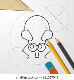 Vector blueprint fly icon on engineer and architect background 