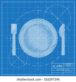 Vector blueprint fork plate knife on engineer or architect background.  