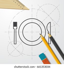 Vector blueprint fork plate knife on engineer and architect background 