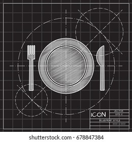 Vector blueprint fork plate knife on engineer and architect background 