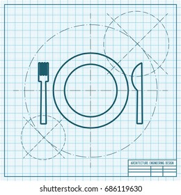 Vector blueprint fork plate knife on engineer and architect background 