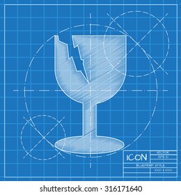 Vector blueprint fragile icon on engineer or architect background.  