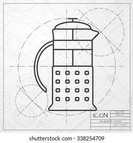 Vector blueprint of franch press icon on engineer or architect background 