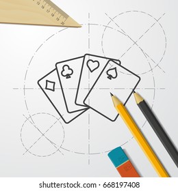 Vector blueprint game cards icon on engineer and architect background 