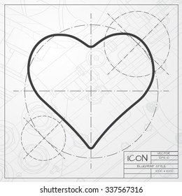 Vector blueprint of game heart icon on engineer or architect background 