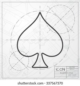 Vector blueprint of game spade icon on engineer or architect background 
