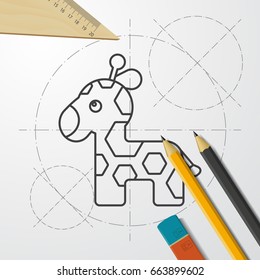 Vector blueprint giraffe icon on engineer and architect background 