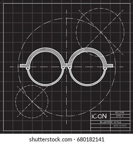 Vector blueprint Glasses Icon on engineer and architect background. Color flat style. Fashion illustration 