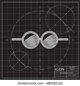 Vector blueprint Glasses Icon on engineer and architect background. Color flat style. Fashion illustration 