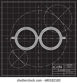Vector blueprint Glasses Icon on engineer and architect background. Color flat style. Fashion illustration 