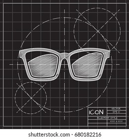 Vector blueprint Glasses Icon on engineer and architect background. Color flat style. Fashion illustration 