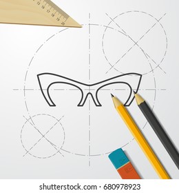 Vector blueprint Glasses Icon on engineer and architect background. Color flat style. Fashion illustration