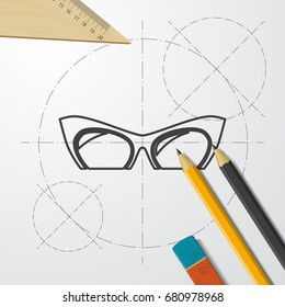 Vector blueprint Glasses Icon on engineer and architect background. Color flat style. Fashion illustration