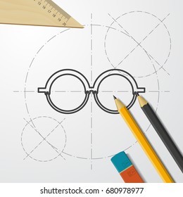 Vector blueprint Glasses Icon on engineer and architect background. Color flat style. Fashion illustration