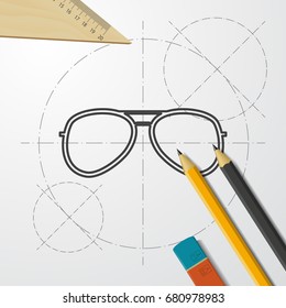Vector blueprint Glasses Icon on engineer and architect background. Color flat style. Fashion illustration