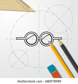 Vector blueprint Glasses Icon on engineer and architect background. Color flat style. Fashion illustration 