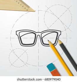 Vector blueprint Glasses Icon on engineer and architect background. Color flat style. Fashion illustration