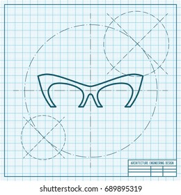 Vector blueprint Glasses Icon on engineer and architect background. Color flat style. Fashion illustration 