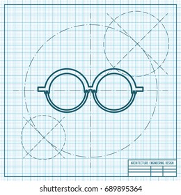 Vector blueprint Glasses Icon on engineer and architect background. Color flat style. Fashion illustration 