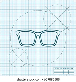 Vector blueprint Glasses Icon on engineer and architect background. Color flat style. Fashion illustration 