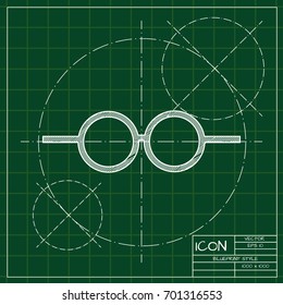 Vector blueprint Glasses Icon on engineer and architect background . Color flat style. Fashion illustration 