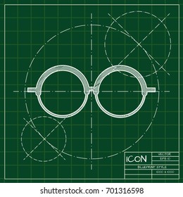 Vector blueprint Glasses Icon on engineer and architect background . Color flat style. Fashion illustration 