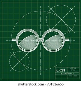 Vector blueprint Glasses Icon on engineer and architect background . Color flat style. Fashion illustration 