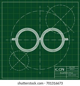 Vector blueprint Glasses Icon on engineer and architect background . Color flat style. Fashion illustration 