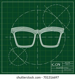 Vector blueprint Glasses Icon on engineer and architect background . Color flat style. Fashion illustration 