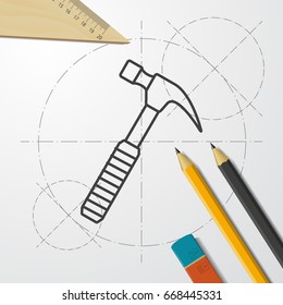 Vector blueprint hammer icon on engineer and architect background 