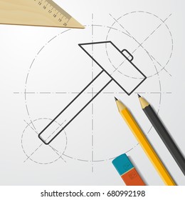 Vector blueprint hammer icon on engineer and architect background. Business collection 