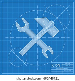 Vector blueprint hammer and wrench icon  on engineer and architect background. Business collection 