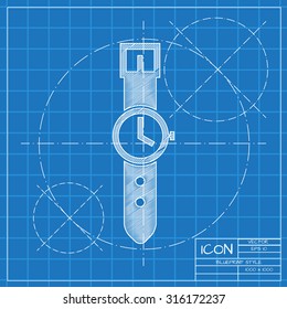 Vector blueprint hand clock icon on engineer or architect background.  