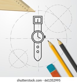 Vector blueprint hand clock icon on engineer and architect background 