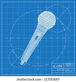 Icono de micrófono manual del modelo vectorial en el fondo del ingeniero o del arquitecto.  