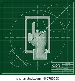 Vector blueprint hand of the person with the phone on engineer and architect background  . Concept of communication in the network 
