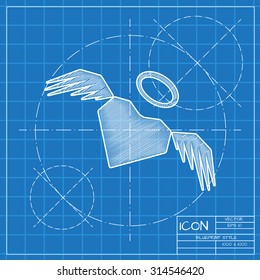 Vector blueprint heart with wings icon. Engineer and architect background. 