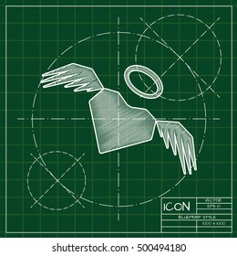 Vector blueprint heart with wings icon . Engineer and architect background. 