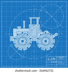 Vector blueprint heavy machine icon on engineer or architect background.  