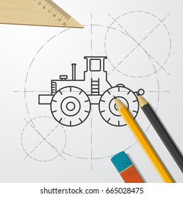 Vector blueprint heavy machine icon on engineer and architect background 