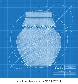 Vector blueprint homemade jam bottle template on engineer or architect background.  
