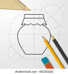 Vector blueprint homemade jam bottle template on engineer and architect background 
