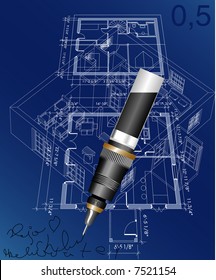 vector blueprint of the house with pen